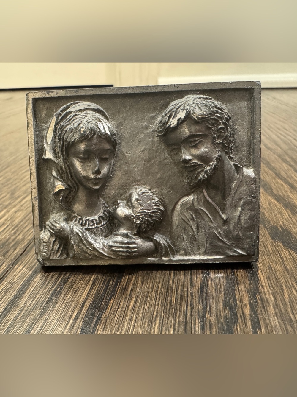 Vintage Made in Italy Holy Family Cast Metal Relief Plaque Easel or Hang